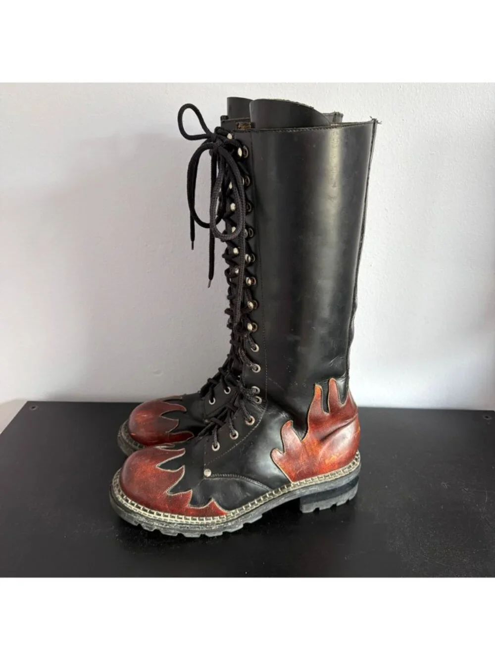Vintage 90s Smack Leather Lace Up Boots Mens Size 10 Flame Patchwork Moto Goth